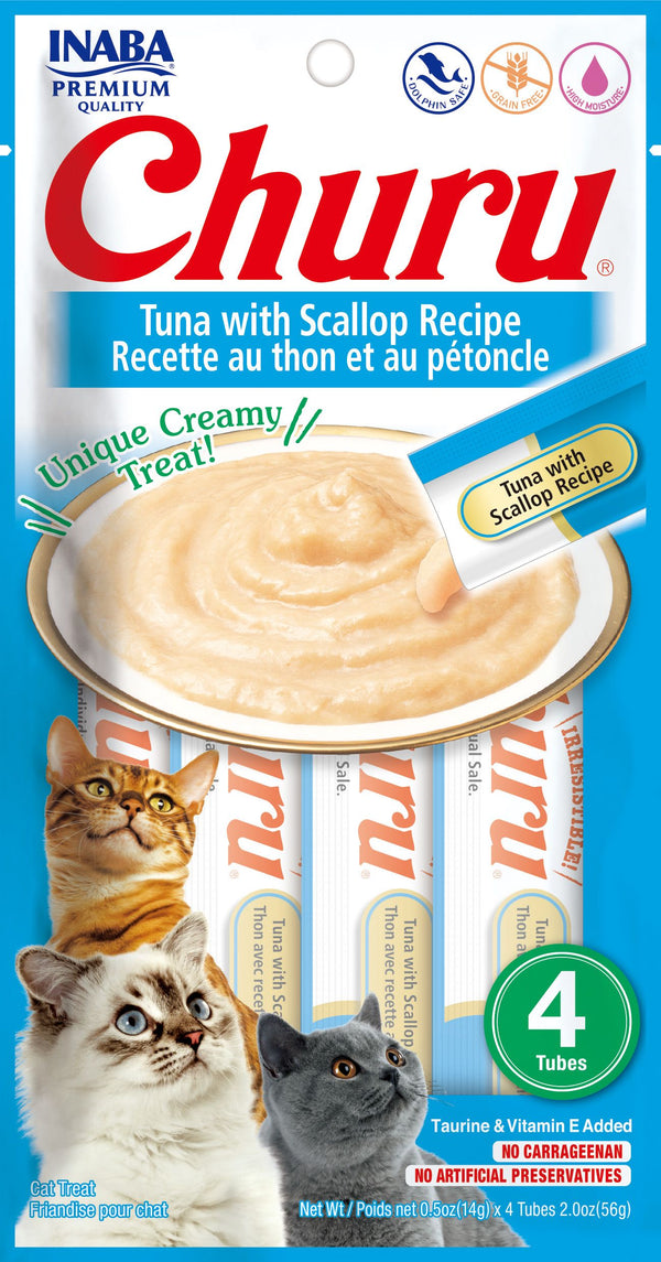 INABA Churu Puree Tuna with Scallop Grain-Free Cat Treat, 0.5-oz, 4-pack