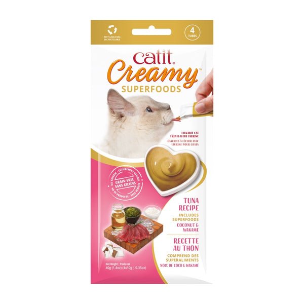 Catit Creamy Superfood Lickable Cat Treat, Tuna with Coconut & Wakame, 4-Pack