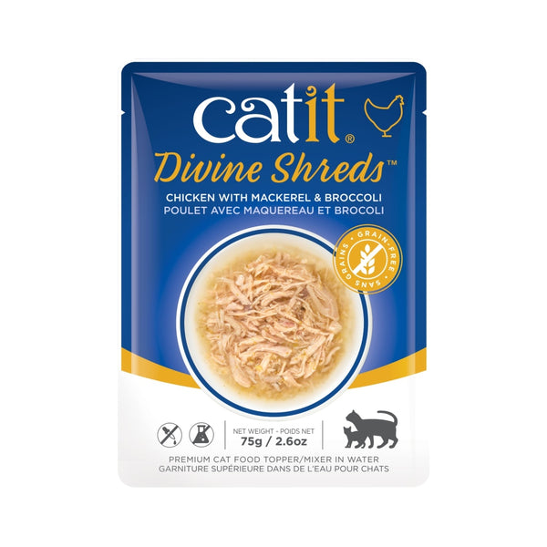 Catit Divine Shreds Chicken with Mackerel & Broccoli Cat Food Topper, 2.65-oz