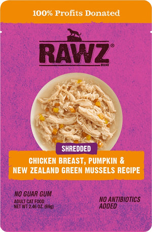 RAWZ Cat Shredded Chicken Breast, Pumpkin & New Zealand Green Mussels Recipe Wet Cat Food Pouch, 2.46-oz