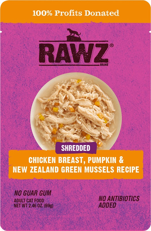 RAWZ Cat Shredded Chicken Breast, Pumpkin & New Zealand Green Mussels Recipe Wet Cat Food Pouch, 2.46-oz