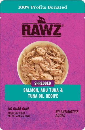 RAWZ Cat Shredded Salmon, Aku Tuna & Tuna Oil Recipe Wet Cat Food Pouch, 2.46-oz