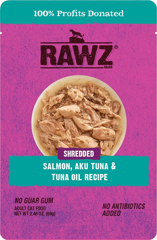 RAWZ Cat Shredded Salmon, Aku Tuna & Tuna Oil Recipe Wet Cat Food Pouch, 2.46-oz