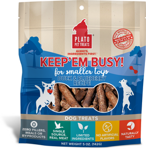 Plato Keep Em' Busy! Duck & Blueberry Recipe Small Toy Stuffer Dog Treats, 5-oz
