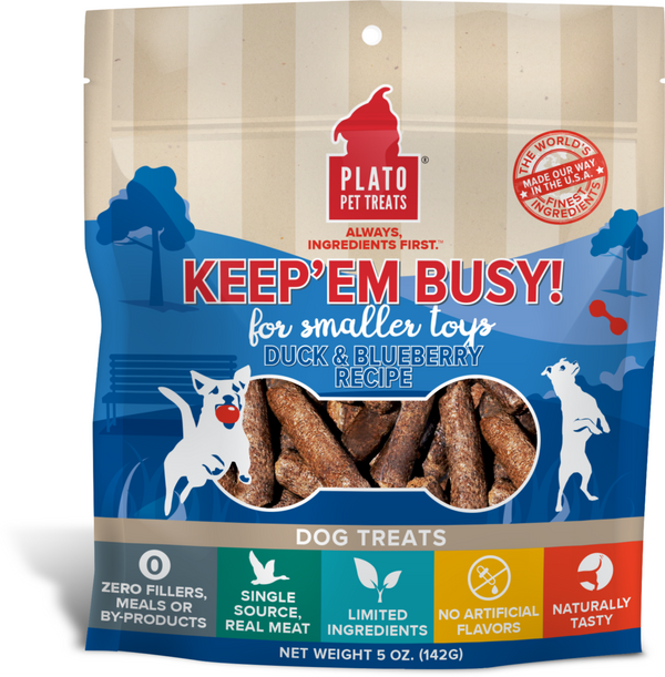 Plato Keep Em' Busy! Duck & Blueberry Recipe Small Toy Stuffer Dog Treats, 5-oz