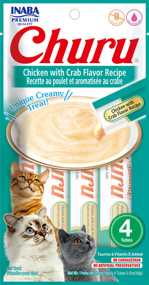 INABA Churu Puree Chicken with Crab Flavor Grain-Free Cat Treat, 0.5-oz, 4-pack