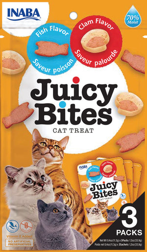INABA Juicy Bites Friandises sans céréales pour chat saveur poisson et palourde, pack de 3