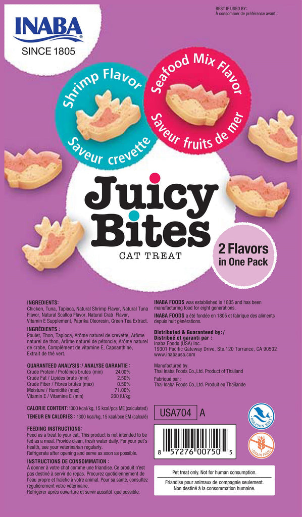 INABA Juicy Bites Saveur crevettes et fruits de mer friandises sans céréales pour chats, paquet de 3