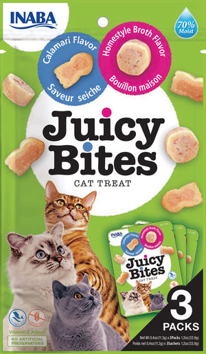 INABA Juicy Bites Friandises pour chats sans céréales saveur bouillon maison & calamars, lot de 3