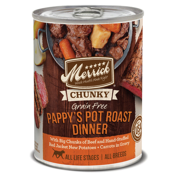 Merrick Chunky Sans céréales Ragoût de Pappy au pot rôti en boîte nourriture humide pour chiens