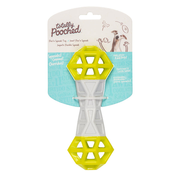 Messy Mutts Totally Pooched Flex n' Squeak Dumbbell Treat Dispensing Dog Toy, Grey/Green, 7-in