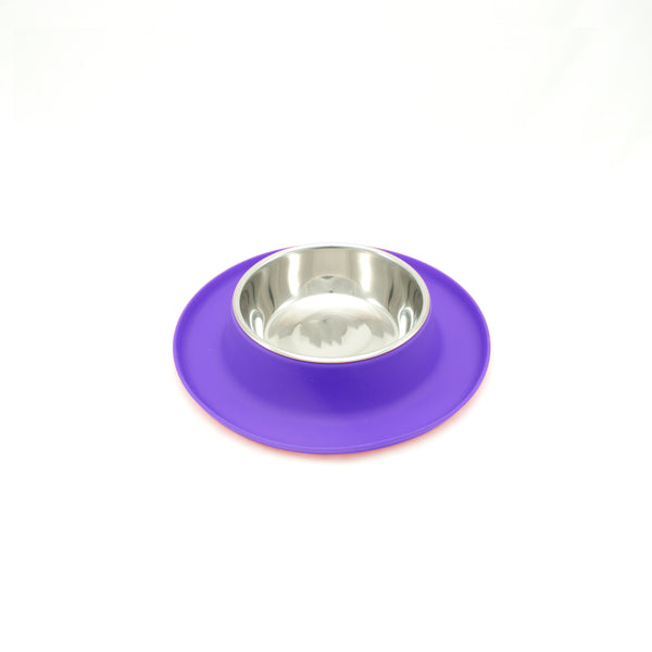 Messy Cats Single Silicone Feeder with Stainless Saucer Shaped Bowl for Cats, Purple, 1.75-cup