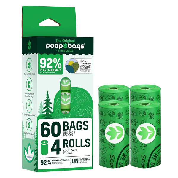 The Original Poop Bags Sacs à crottes pour chien à 92 % issus de matières végétales ; rouleau pour laisse, 60 unités.