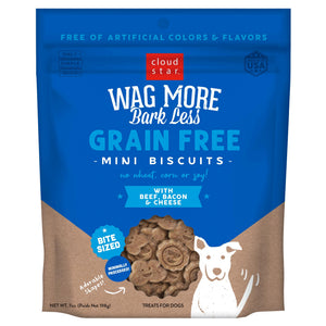 Cloud Star Wag More Bark Less Mini Biscuits Beef, Bacon & Cheese Grain-Free Dog Treats, 7-oz