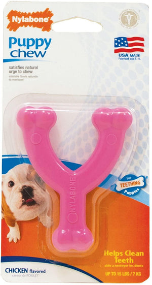 Nylabone Puppy Chew Wishbone Chicken Flavor Dog Toy, Pink