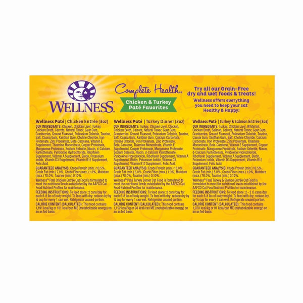 Wellness Complete Health Pâté pour chats variétés favorites Poulet et Dinde, boîtes de 3 oz