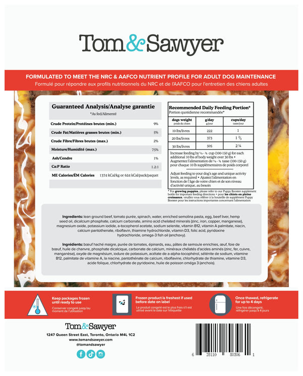 Tom&Sawyer Pâtes italiennes au bœuf congelées pour chiens