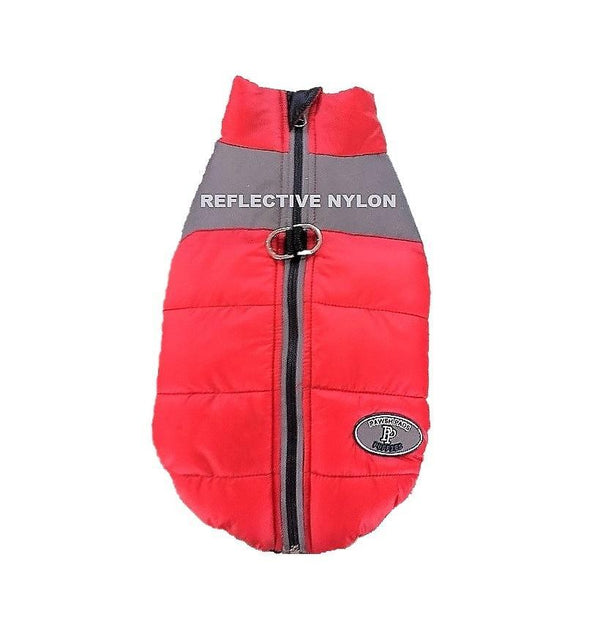 Pawsh Pads Zipper Puffie Dog Coat, Red/Black