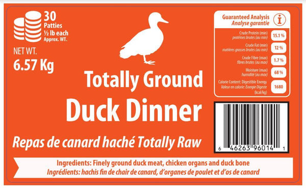 Totally Raw Pet Food Dîner totalement moulu au canard congelé pour chiens