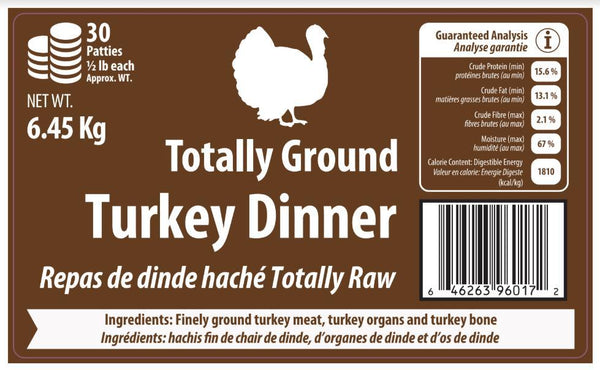 Totally Raw Pet Food Dîner totalement moulu à la dinde congelé pour chiens