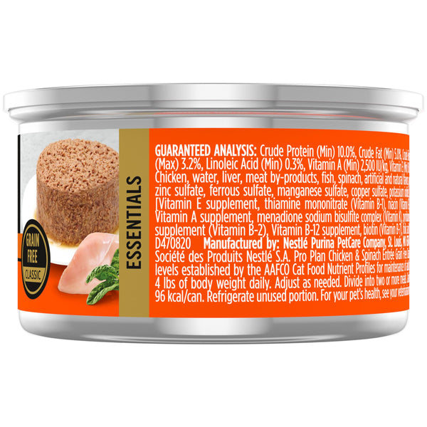 Purina Pro Plan Adulte Sans céréales Entrée classique au poulet et épinards Nourriture humide en conserve pour chats