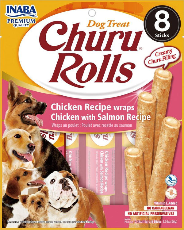 INABA Dog Churu Rolls Poulet enroulé de poulet avec saumon Friandises sans céréales pour chiens