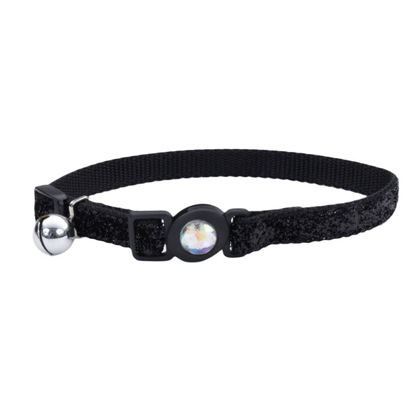 Safe Cat Jeweled Buckle Adjustable Breakaway Cat Collar with Glitter Overlay, Black