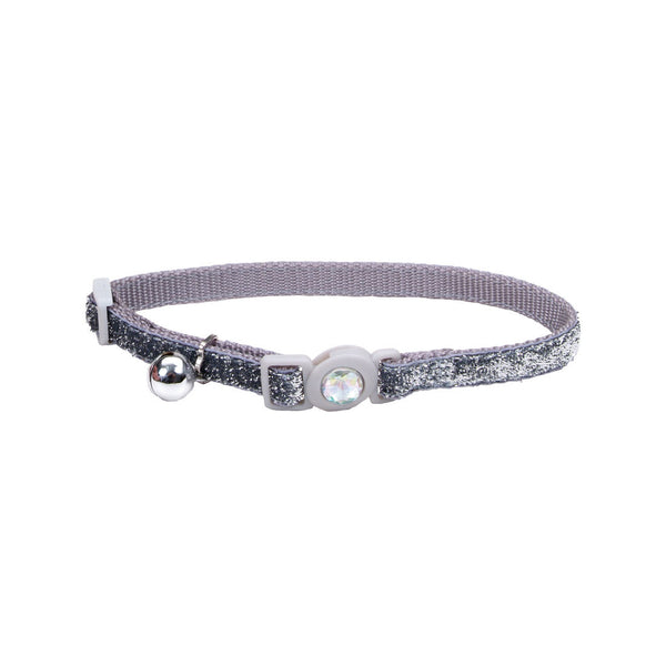 Safe Cat Jeweled Buckle Adjustable Breakaway Cat Collar with Glitter Overlay, Silver