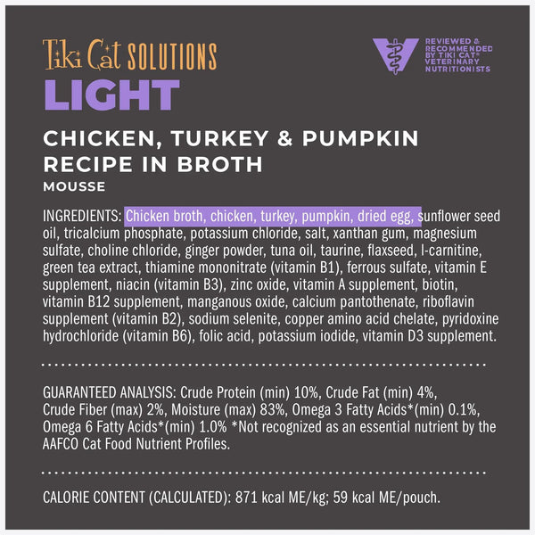Tiki Cat Solutions Light Mousse Chicken, Turkey & Pumpkin in Broth Wet Cat Food Pouch