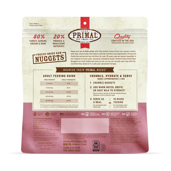 Primal Nuggets lyophilisés crus Formule Dinde et Sardine Nourriture pour chiens