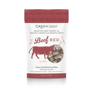 Green Juju Bouchées alimentaires entières bovines déshydratées au congélateur pour chiens et chats, bœuf rouge