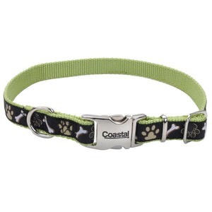 Ribbon Adjustable Dog Collar with Metal Buckle, Brown Paws & Bones