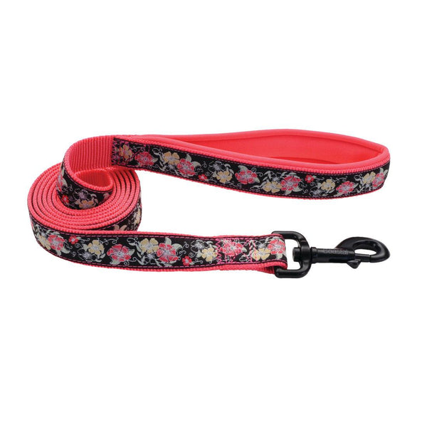 Ribbon Weave Dog Leash, Pink Yellow Flowers on Black