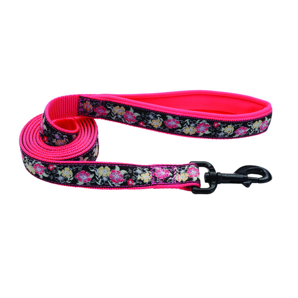 Ribbon Weave Dog Leash, Pink Yellow Flowers on Black