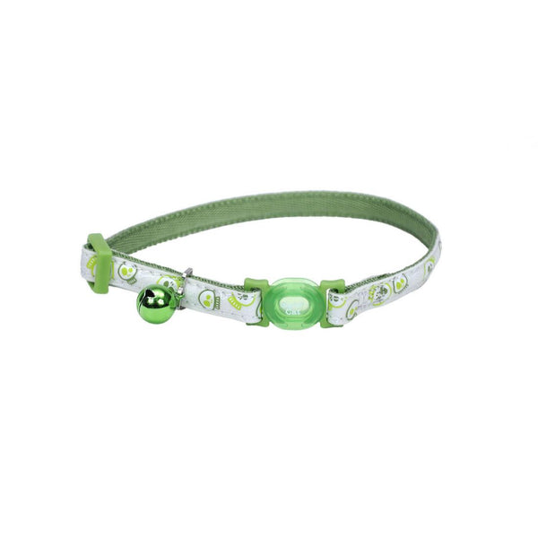 Safe Cat Glow in the Dark Adjustable Breakaway Cat Collar, Glowing Lime Skulls, 3/8-in x 8-12-in