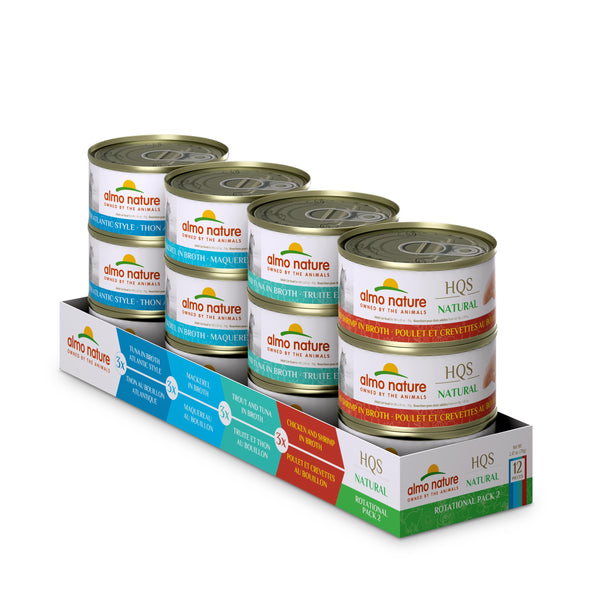 Almo Nature HQS Natural Atlantic Tuna, Mackerel, Trout & Tuna, Chicken & Shrimp, Rotational Pack Wet Cat Food Can