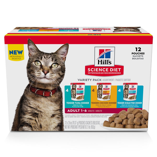Hill's Science Diet Adult Wet Cat Food Pouch Variety Pack, Chicken, Tuna, and Ocean Fish