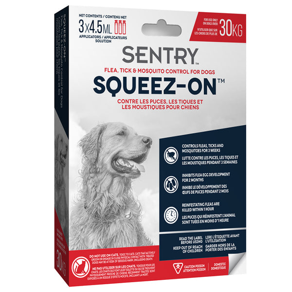 Sentry Squeez-On Contrôle des puces, tiques et moustiques pour chiens.