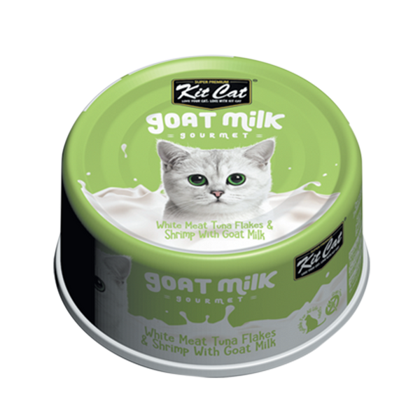 Kit Cat Goat Milk Gourmet White Meat Tuna Flakes & Shrimp with Goat Milk Wet Cat Food Can