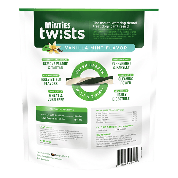 VetlQ Minties Twists Dental Bone Chews Dog Treats, Small 10-30-lb