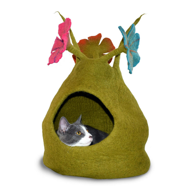 Dharma Dog Karma Cat Nichoir en laine Bouquet Cave pour animaux, Vert/Multicolore.