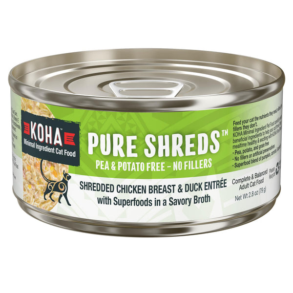 KOHA Pure Shreds Entrée humide pour chats à la poitrine de poulet effilochée et au canard en conserve