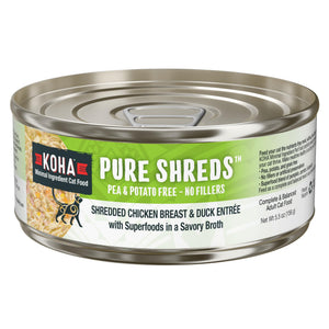 KOHA Pure Shreds Entrée humide pour chats à la poitrine de poulet effilochée et au canard en conserve