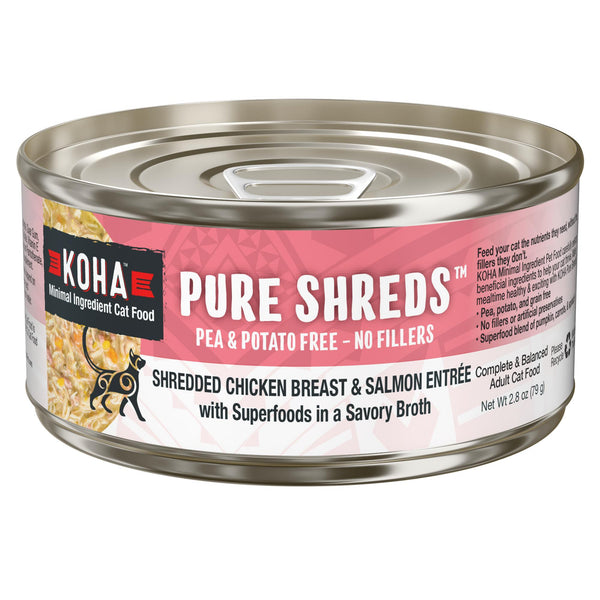 KOHA Pure Shreds Entrée humide pour chats à la poitrine de poulet effilochée et au saumon en conserve