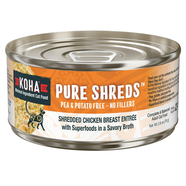 KOHA Pure Shreds Entrée humide pour chats à la poitrine de poulet effilochée en conserve