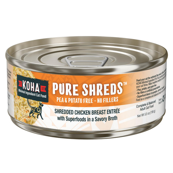 KOHA Pure Shreds Entrée humide pour chats à la poitrine de poulet effilochée en conserve