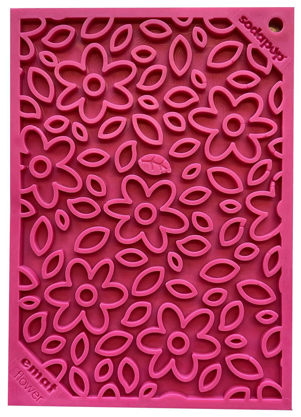 SodaPup Tapis à lécher d'enrichissement motif Flower Power eMat distributeur lent de nourriture pour chiens, rose.