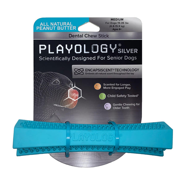 Playology Silver Jouet dentaire bâton à mâcher parfum beurre de cacahuète pour chien