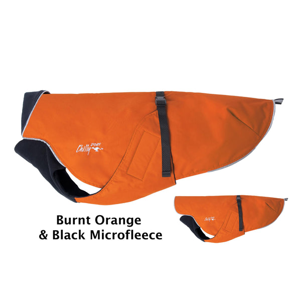 Chilly Dogs Alpine Blazer Dog Coat, Burnt Orange/ Black Micro Fleece