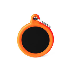 MyFamily Hushtag Circle Aluminum Rubber Pet ID Tag, Black/Orange, Medium